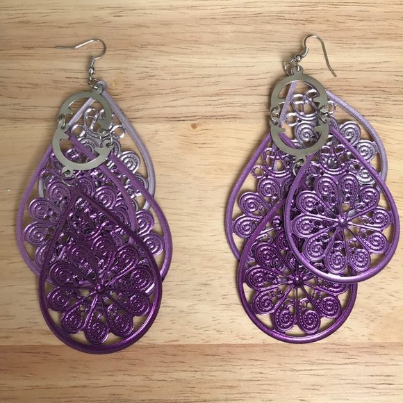 Large Purple Metal Filigree Intricate Earrings - Picture 2 of 5